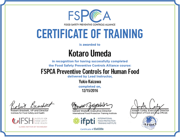 FSPCA CERTIFICATE OF TRAINING